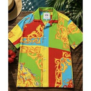 Ricky Singh Men's Loud Luxury Camp Shirt L Baroque Print Resort Miami Vice